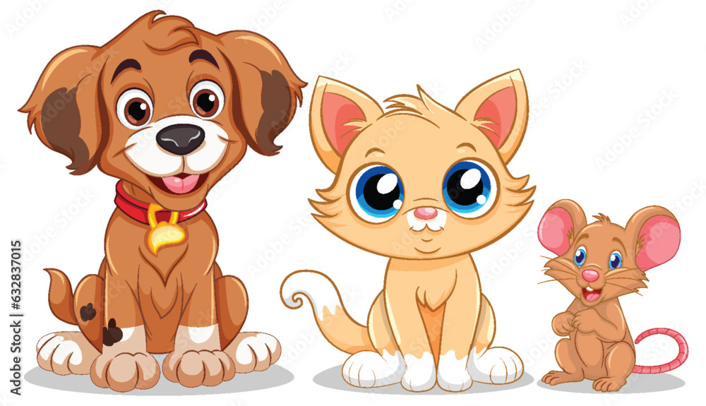 Playful Animal Friends with Cute Cartoon Dog, Cat and Mouse