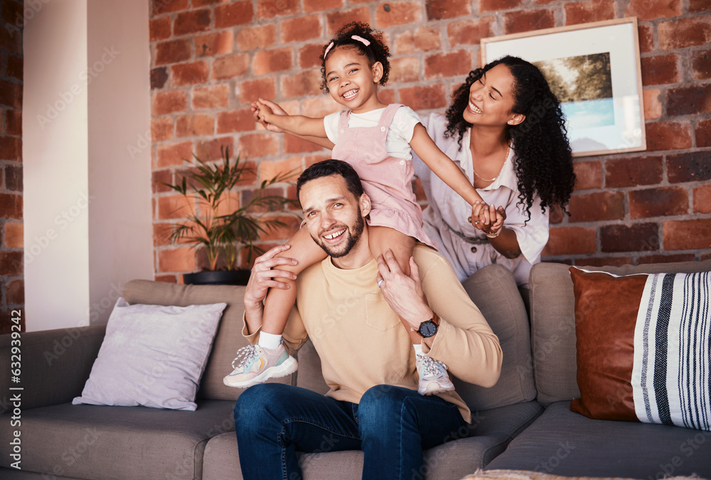 Family, happy and portrait while playing on a home sofa for fun, bonding and time together. A man, w