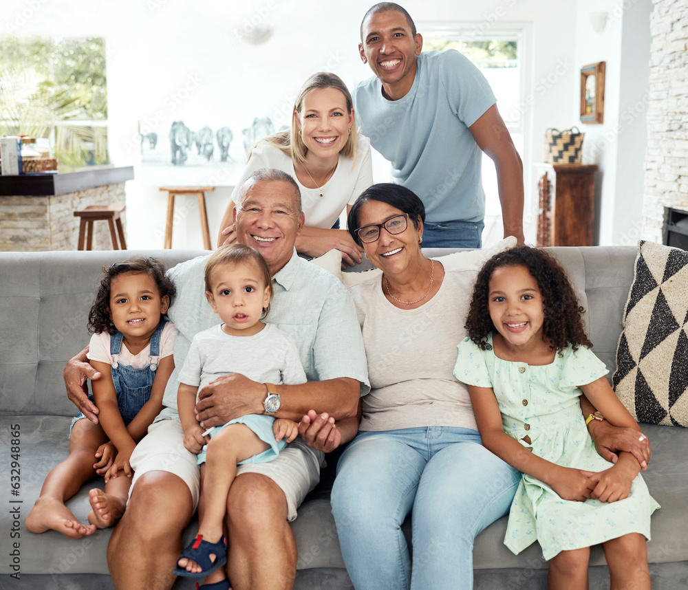 Interracial family, portrait and home with kids love, bonding and parent care with grandmother, mom 
