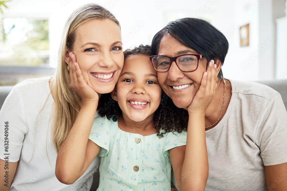 Interracial family, portrait and home with love, bonding and parent care with grandmother, mom and c