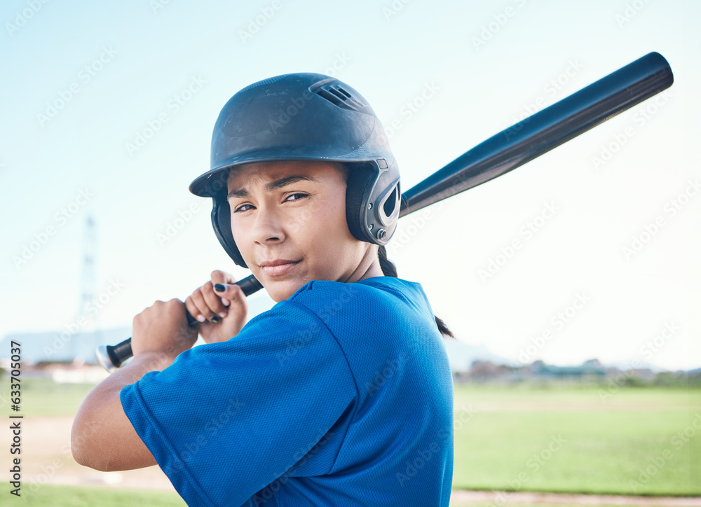 Baseball, portrait and a person with bat outdoor on pitch for sports performance or competition. Pro