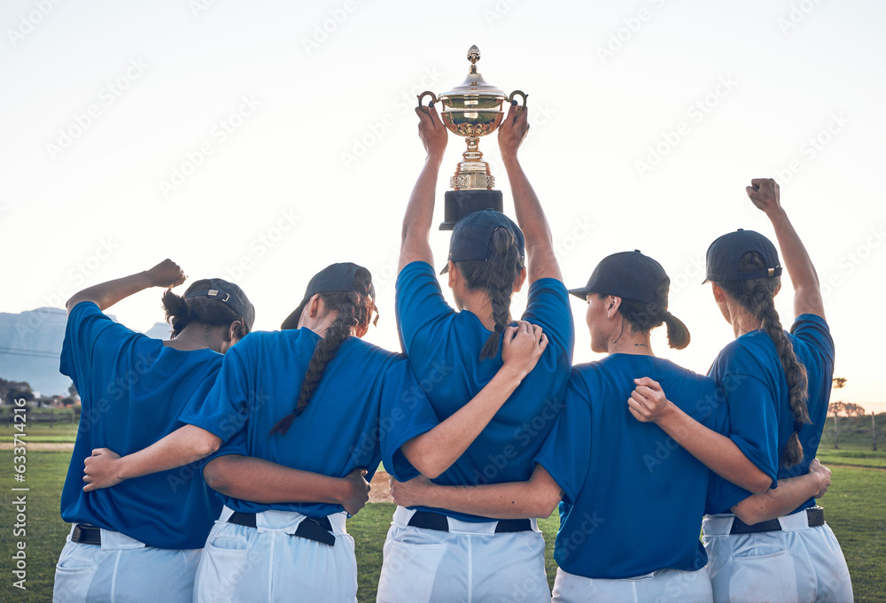 Baseball, trophy and team celebrate win with women outdoor on a pitch for sports competition. Behind