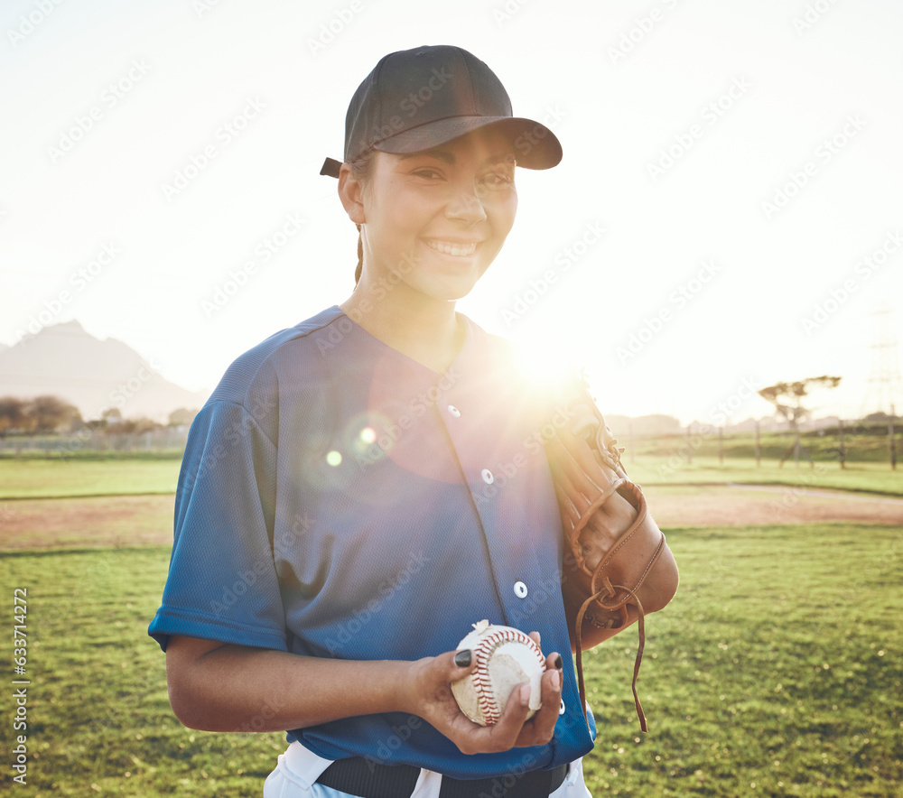 Baseball, ball and portrait of a woman outdoor on a pitch for sports, performance and competition. P