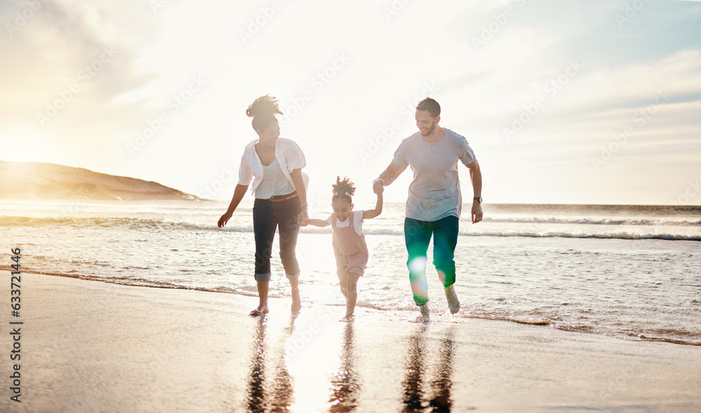 Playing, beach and family walking together on a vacation, adventure or holiday together for bonding.