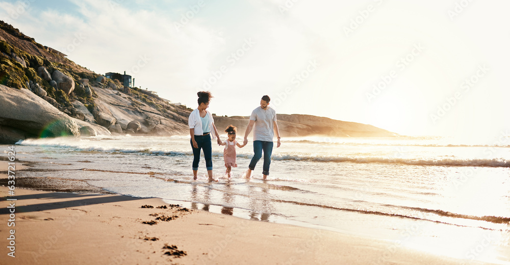 Bonding, sunset and family on the beach for vacation, adventure or holiday together for bonding. Tra