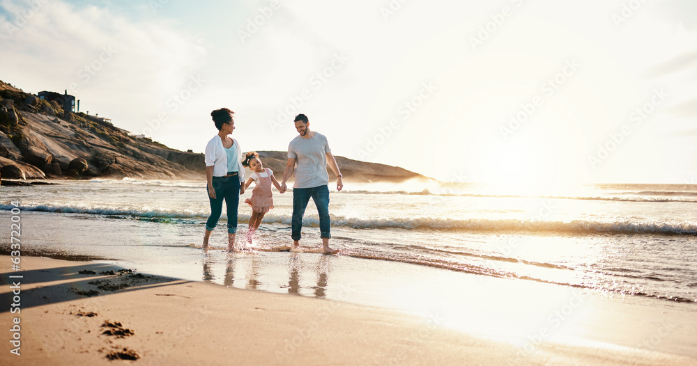 Walking, bonding and family on the beach for vacation, adventure or holiday together at sunset. Trav
