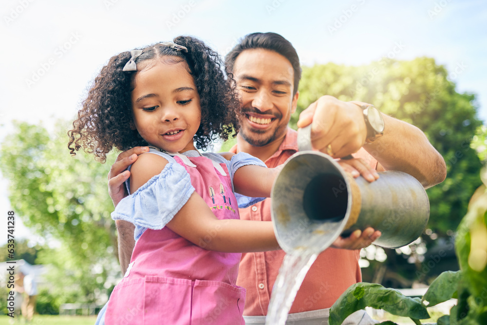 Gardening, dad and girl watering plants, teaching and learning growth in nature together. Backyard, 