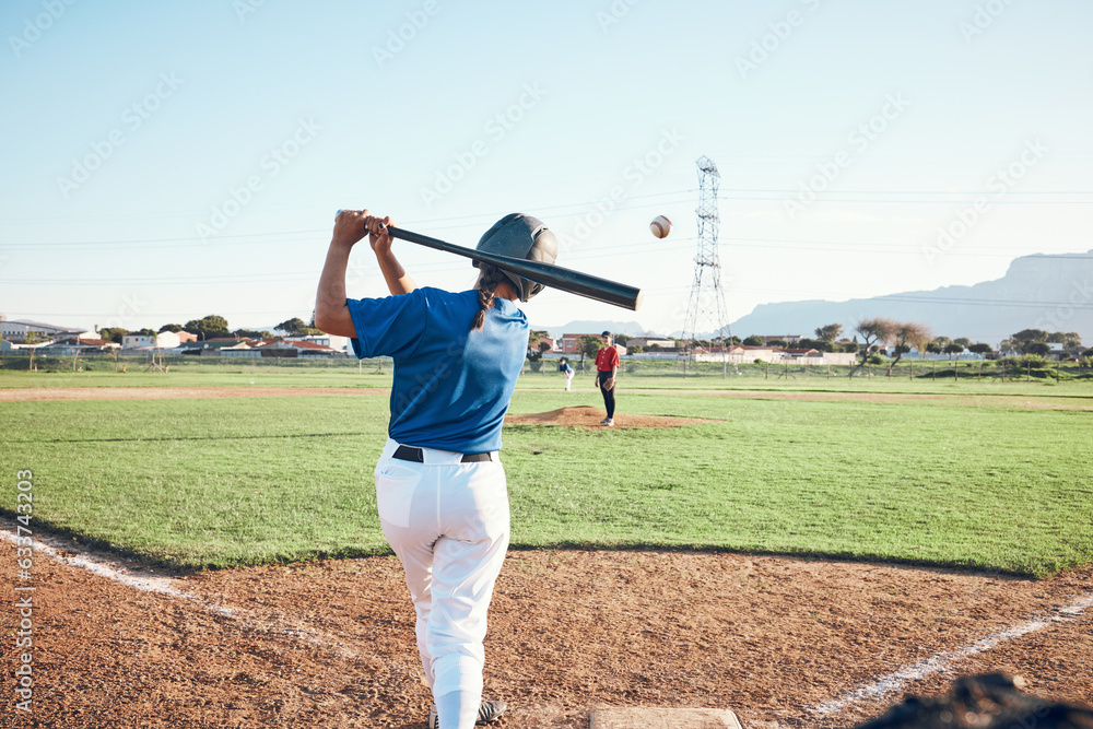 Baseball, bat and person swing at ball outdoor on a pitch for sports, performance and competition. B