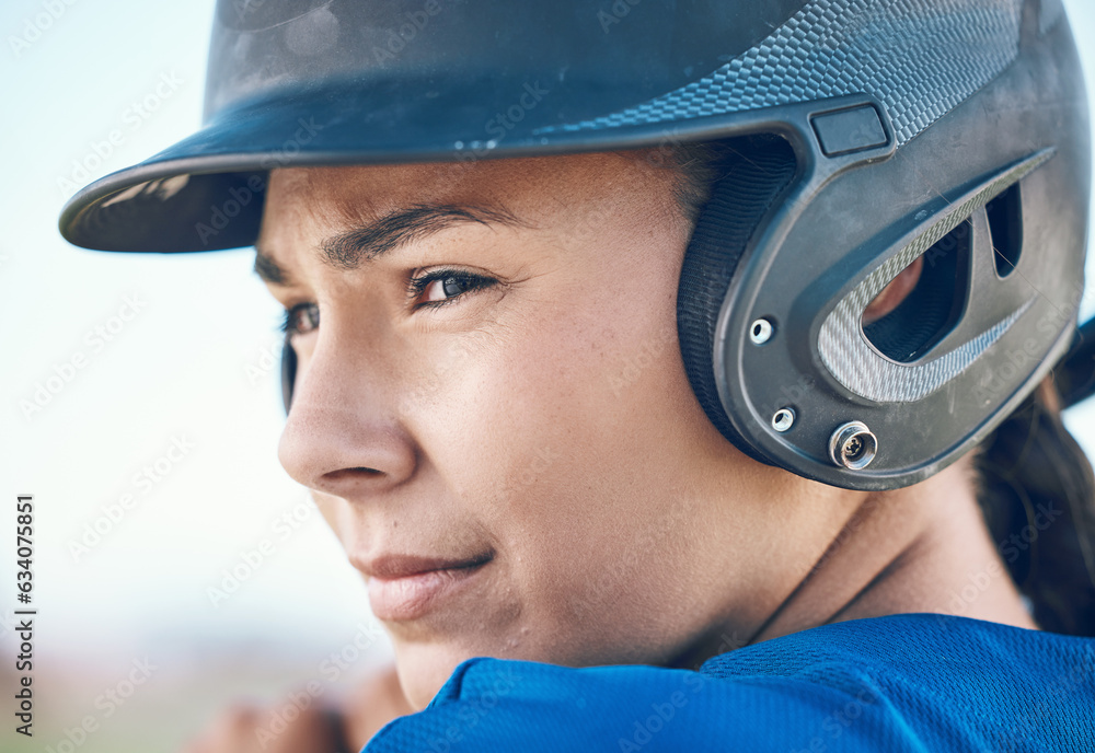 Baseball, face and a person with a helmet outdoor on pitch for sports performance or competition. Pr