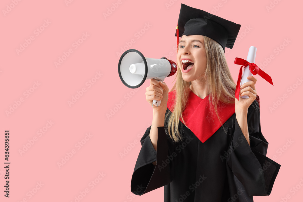 Female graduate student with diploma shouting into megaphone on pink background