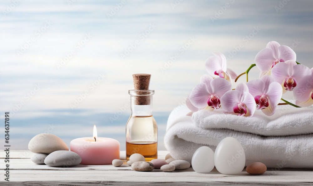 Spa decoration with stones, candle, pink flower and a bottle with massage oil on a white wooden floo