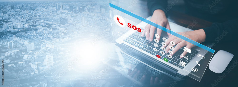 SOS with Emergency app concept, Business people using a laptop and touch bar Emergency app at home, 