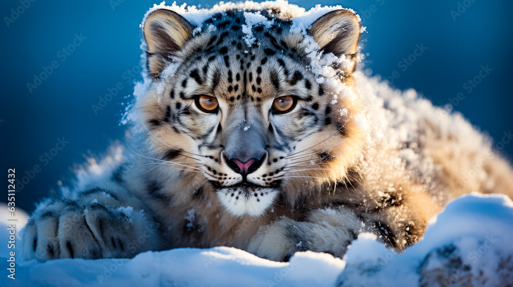 Snow leopard laying in the snow with its eyes open.