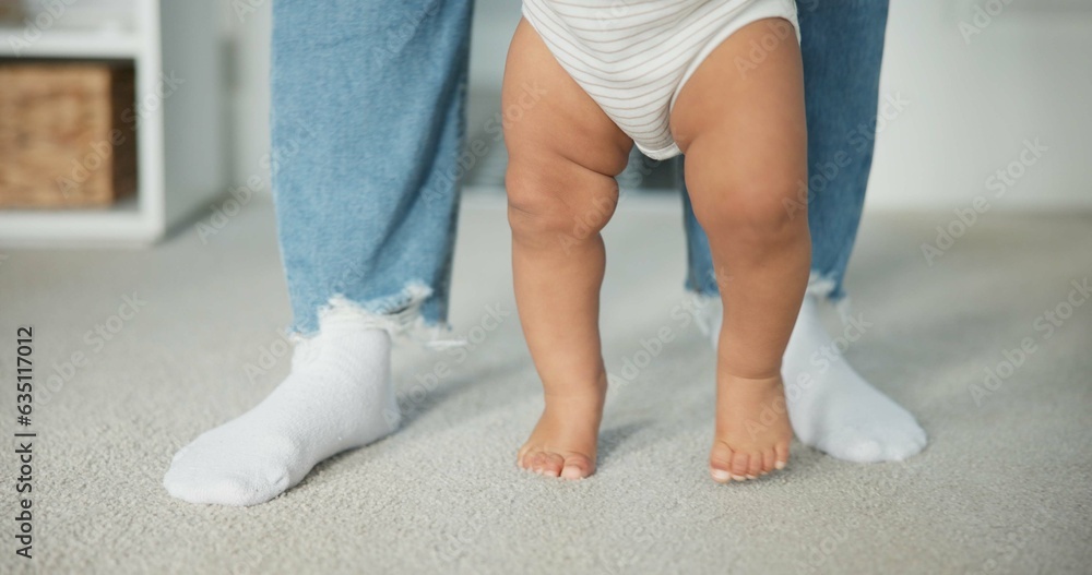 Legs, baby learning to walk with parents and growth, development and early childhood with motor skil