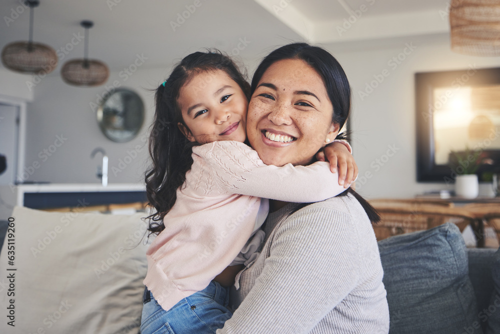 Hug, happy and portrait of mother and daughter on sofa for love, care and support. Smile, calm and r