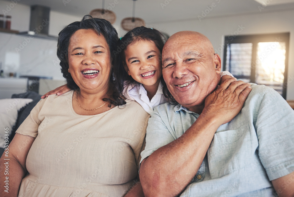 Smile, hug and portrait of grandparents and child on sofa for happy, bonding and support. Love, happ