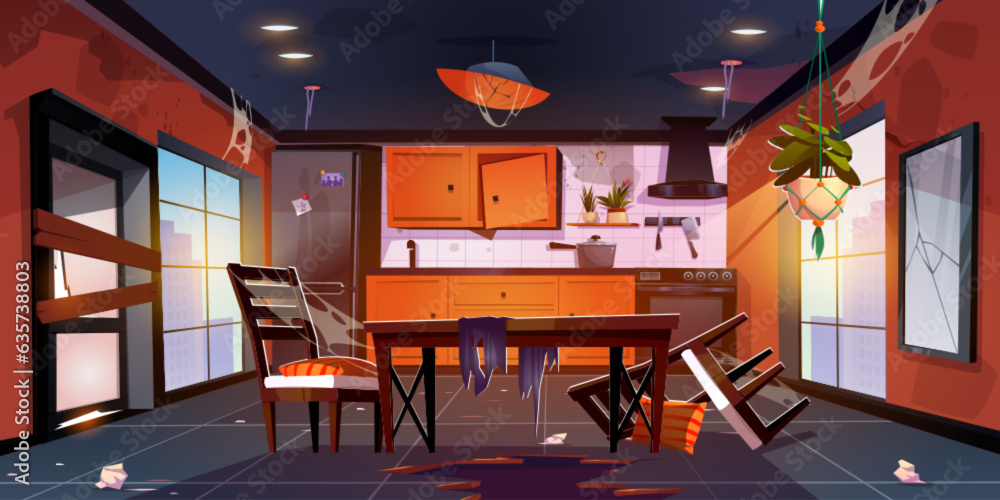 Destroyed kitchen interior in urban apartment. Vector cartoon illustration of abandoned dining room 