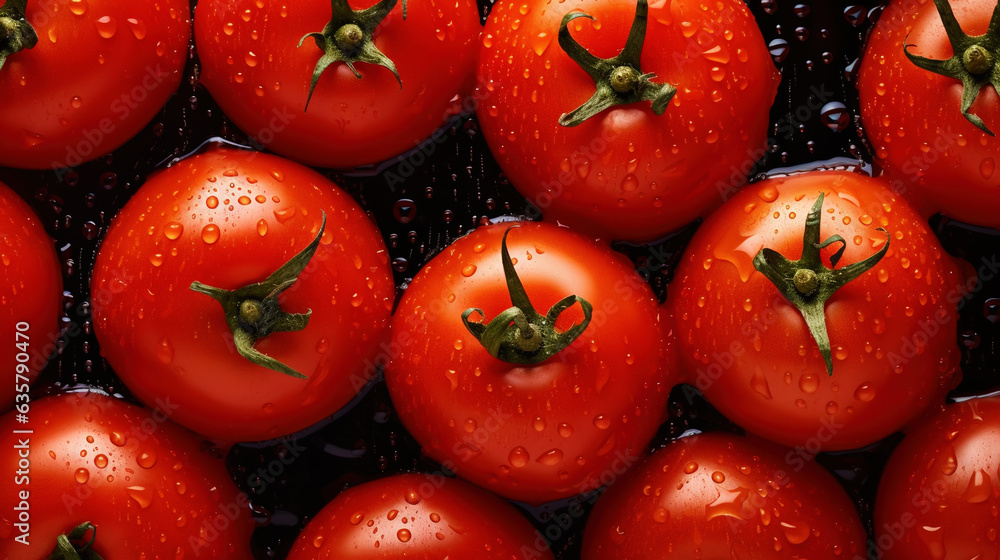 Fresh red tomatoes with water drops background. Vegetables backdrop. Generative AI