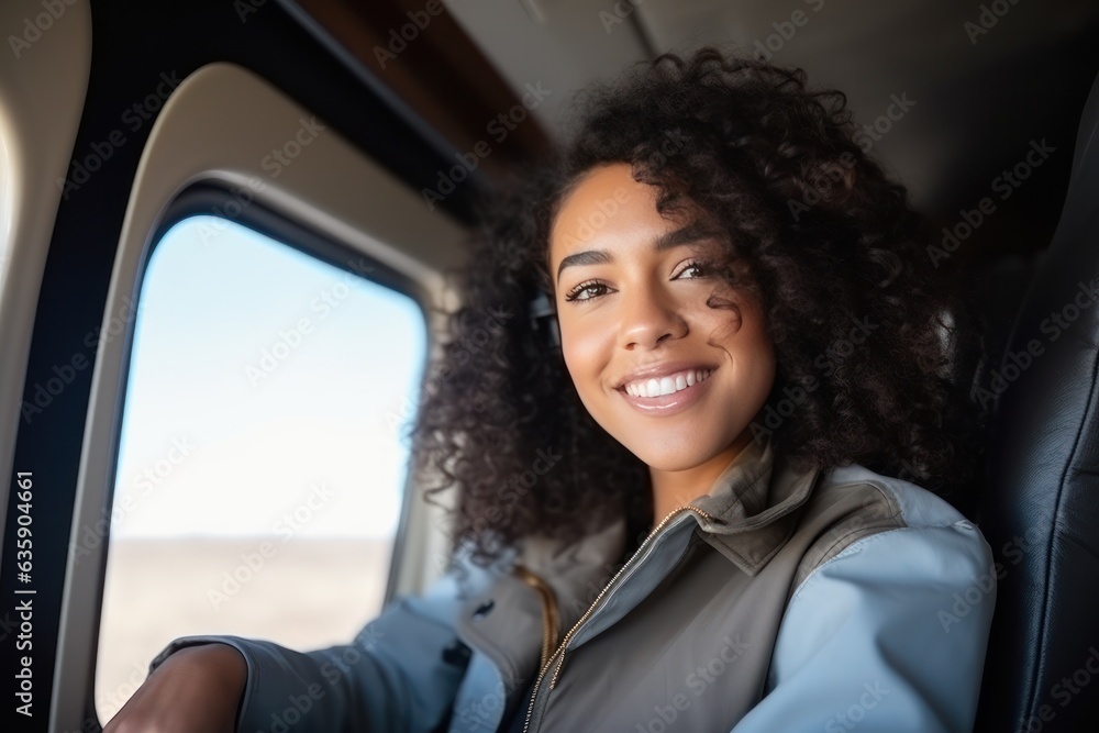 Woman smile near the window of airplane