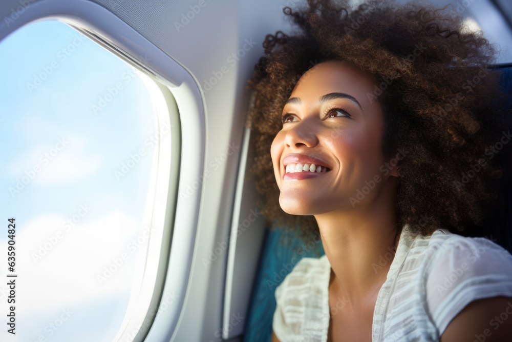 Woman smile near the window of airplane