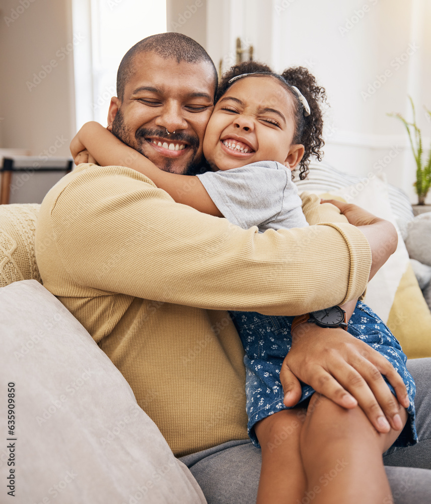Happy, love and girl hugging her father while relaxing on a sofa in the living room together. Smile,