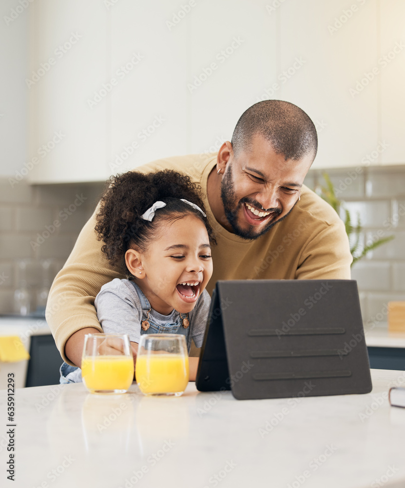 Tablet, video call and father with girl in kitchen, living room or online communication in home with