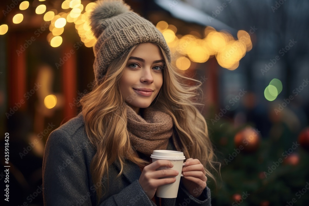 beautiful young woman drinking hot coffee in a chilly winter environment with decorations.