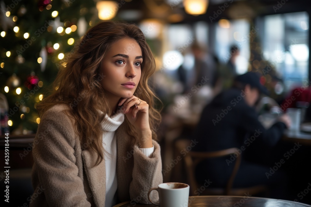 beautiful young woman drinking hot coffee in a chilly winter environment with decorations.