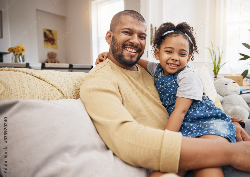 Smile, portrait and girl with her father on a sofa in the living room relaxing and bonding together.