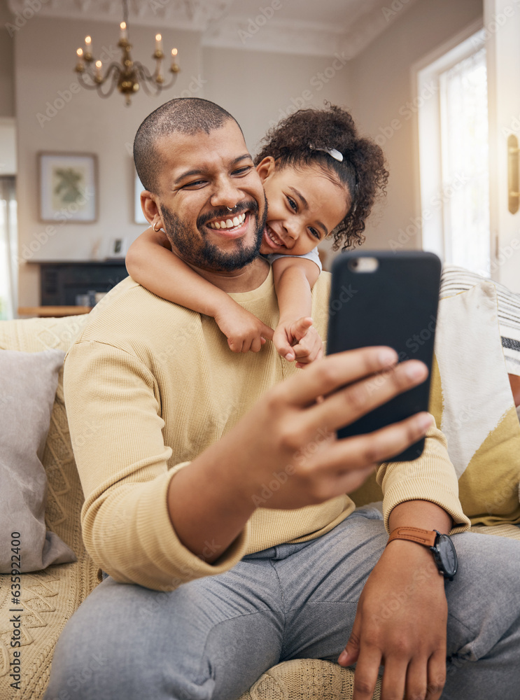 Home, father and girl with a smile, selfie and social media with connection, family and loving toget