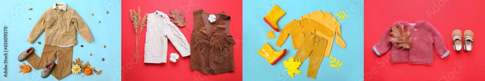 Set of stylish baby clothes and shoes on color background, top view