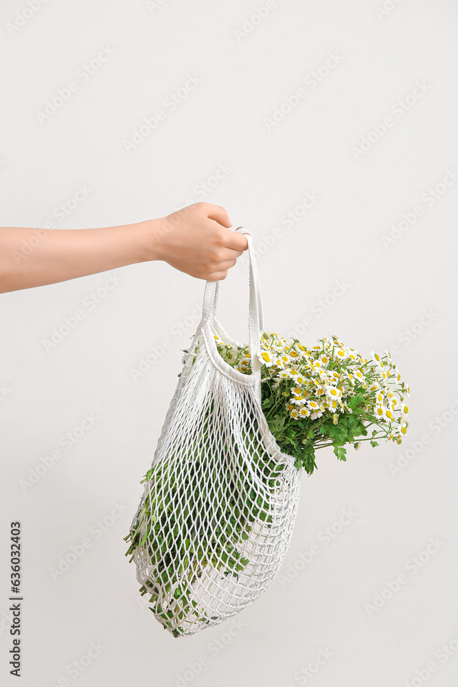 Female hand holding mesh bag with beautiful chamomile flowers on light background