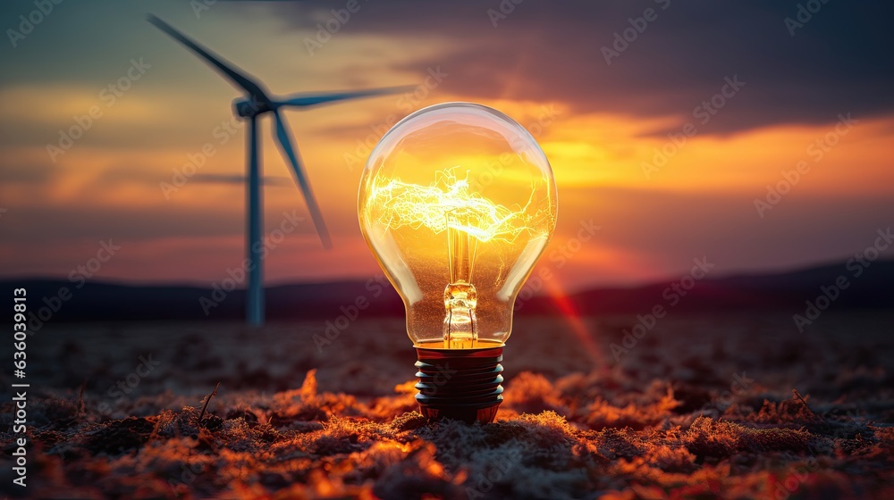 light bulb in the sun with wind power plant, in the desert