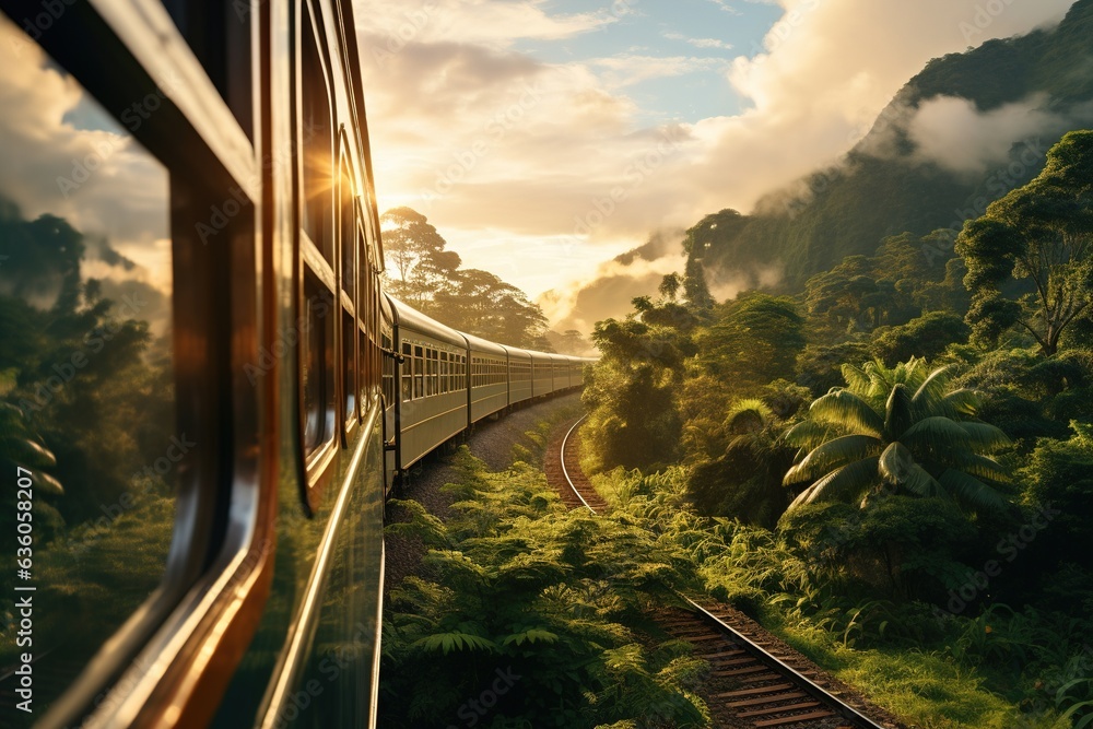 Passenger train rides through beautiful landscape. Exterior view