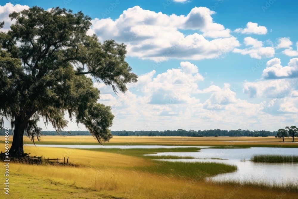 Landscape of meadow with tree and lake under blue sky. Beautiful savannah landscape view on a sunny 