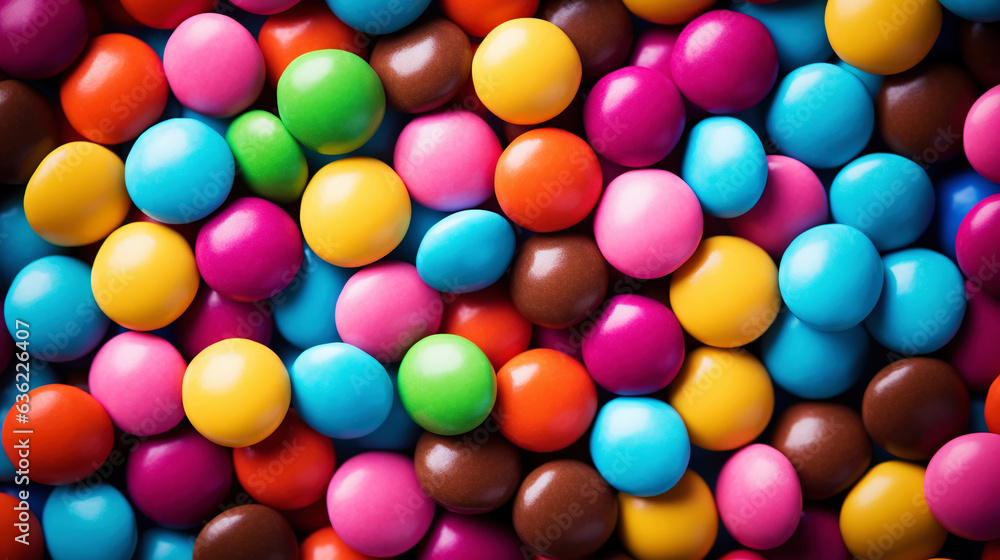 Close up of a pile of colorful chocolate coated candies. Candy background. Generative AI