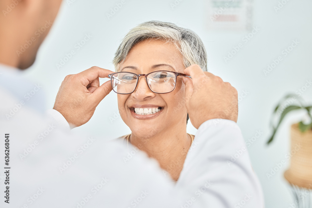 Eye care, glasses and senior patient with doctor, optometry and frame choice with help and people at