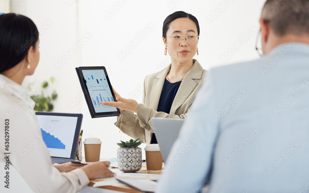 Tablet screen, data presentation and professional Asian woman show customer experience feedback, ana