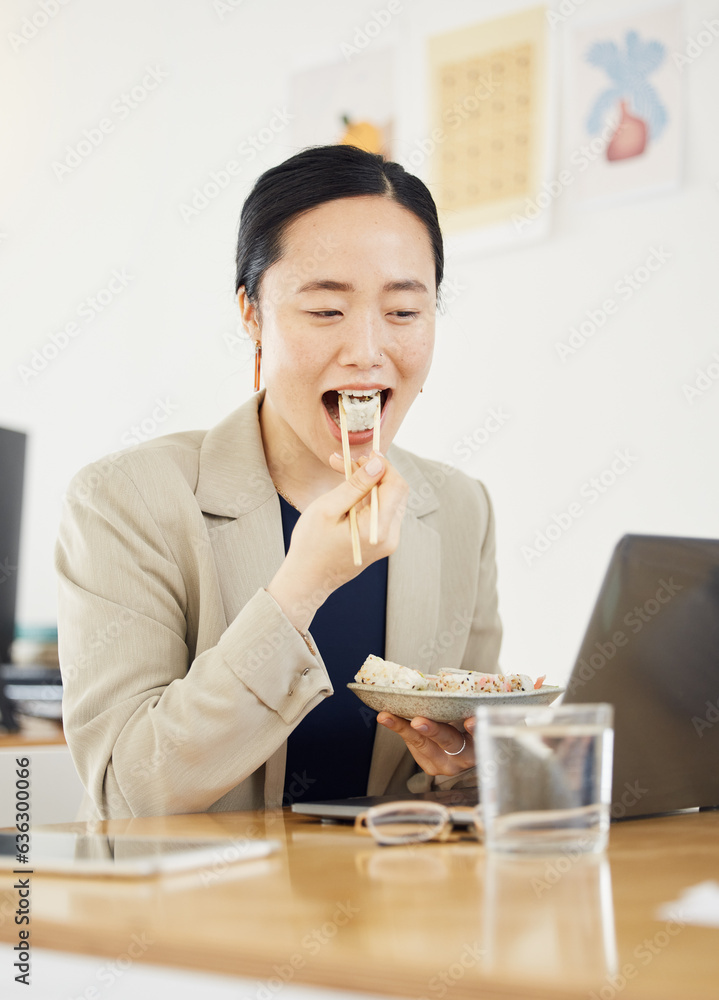 Asian business woman, laptop and sushi on lunch break, video or movie in office with thinking, relax