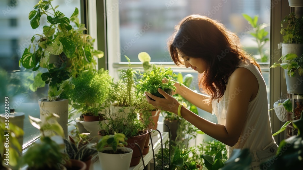 A person tends to potted plants on a balcony, nurturing green life in an urban environment