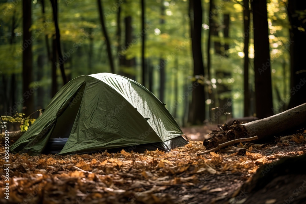 tent in a forest, soft shadows