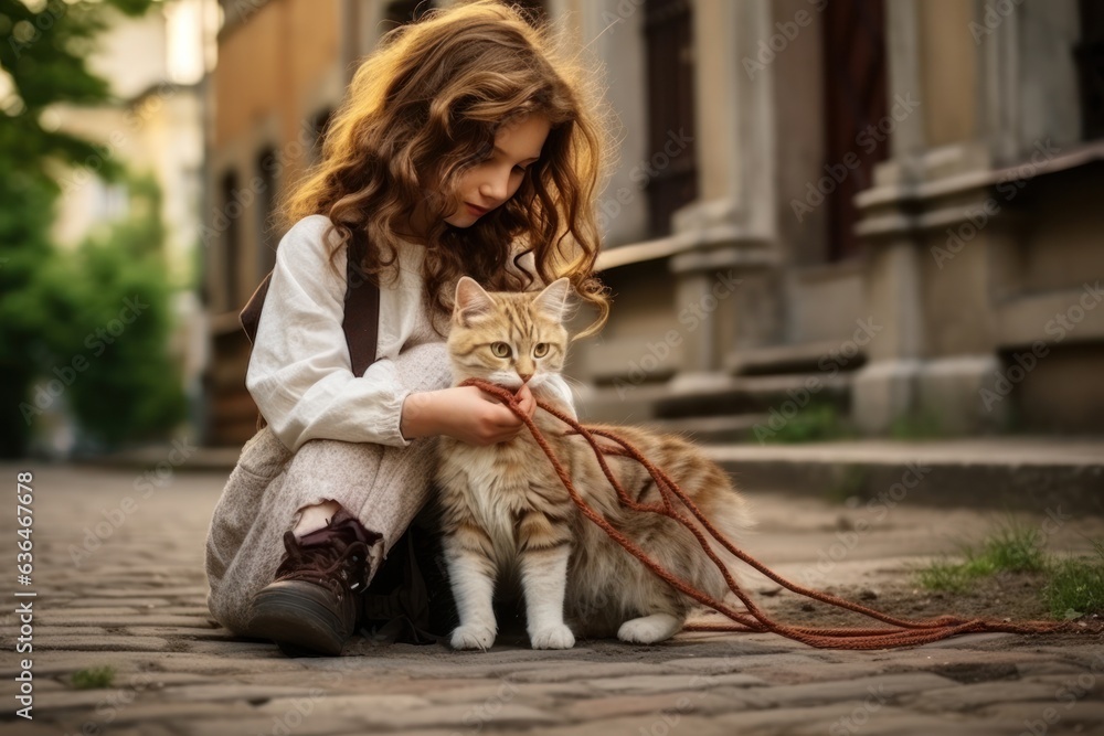 A girl holds a rope with a bow and a cat plays with her on the street