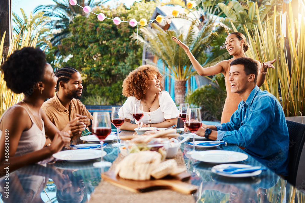 Friends, food and eating outdoor at a table for social gathering, happiness and holiday celebration.