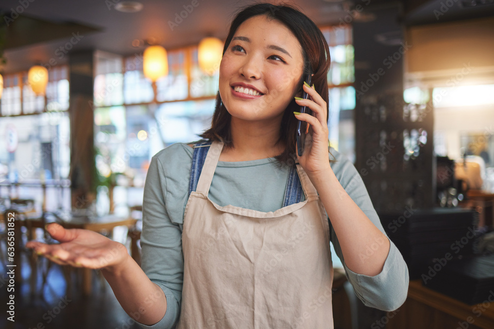 Restaurant, phone call and Asian woman for online order, delivery and food service in cafeteria. Cof