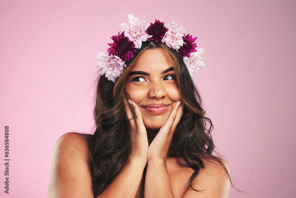 Beauty, flowers and crown on hair of woman in studio for cosmetics, skincare and wellness. Self care