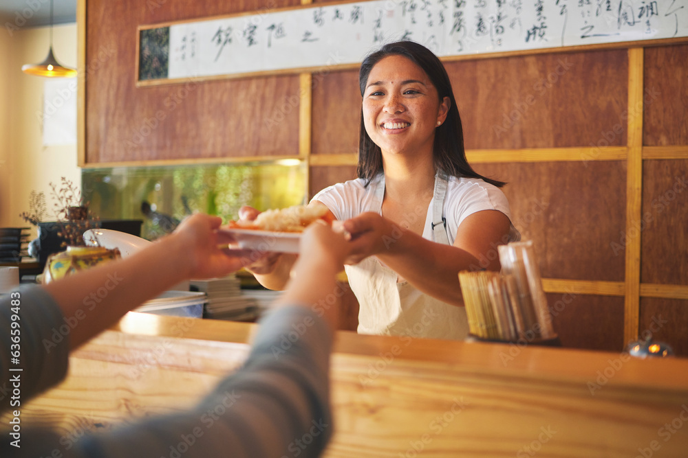 Sushi, restaurant worker hand and woman smile from food and Asian meal with server. Happy, female wa
