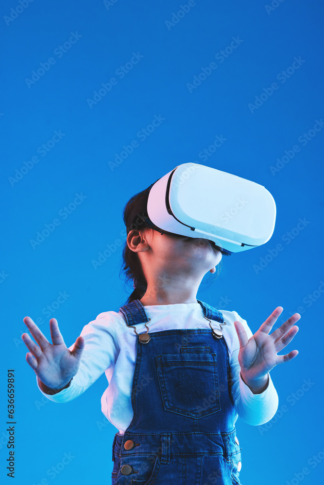 Metaverse, girl and child virtual reality glasses, innovation and future on a blue studio background
