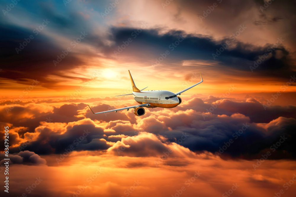 Landscape with aircraft is flying above clouds in orange sky. Travel background with passenger plane