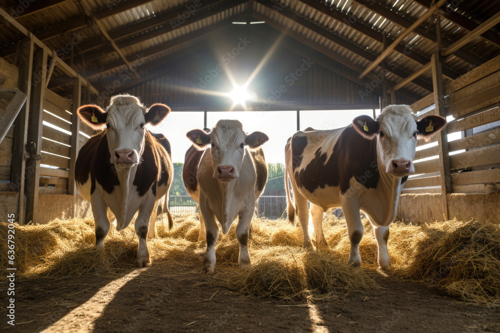 three cows are standing in clean cowshed