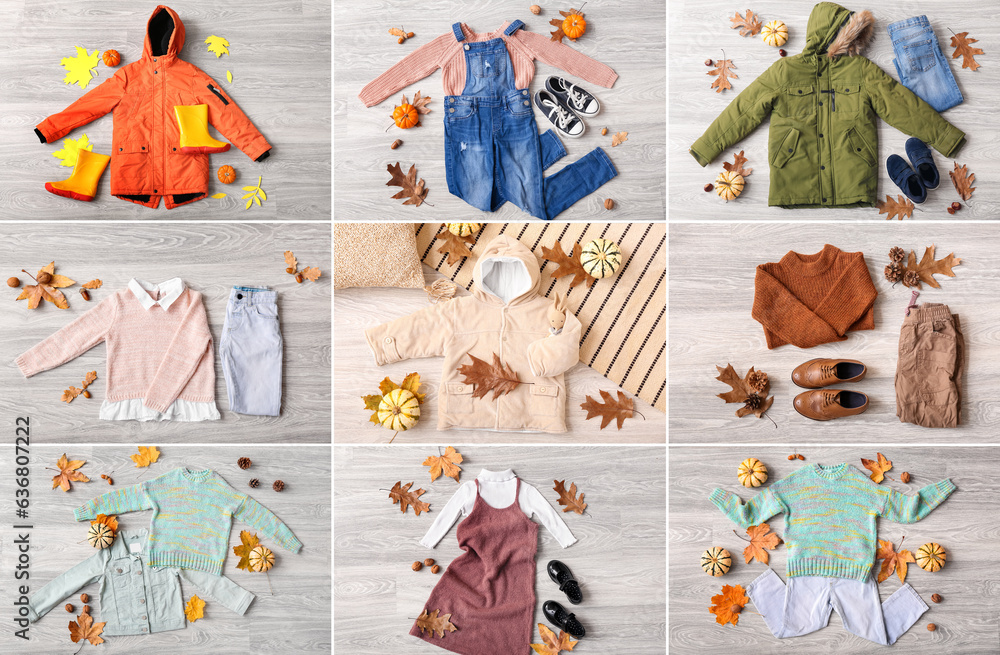 Set of stylish baby clothes and accessories on light wooden background, top view